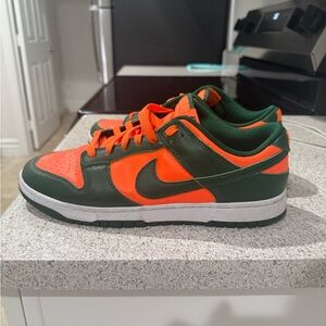 Nike Bold Orange and Dark Green Sneakers. Miami Hurricane Low Dunks Size 9.5